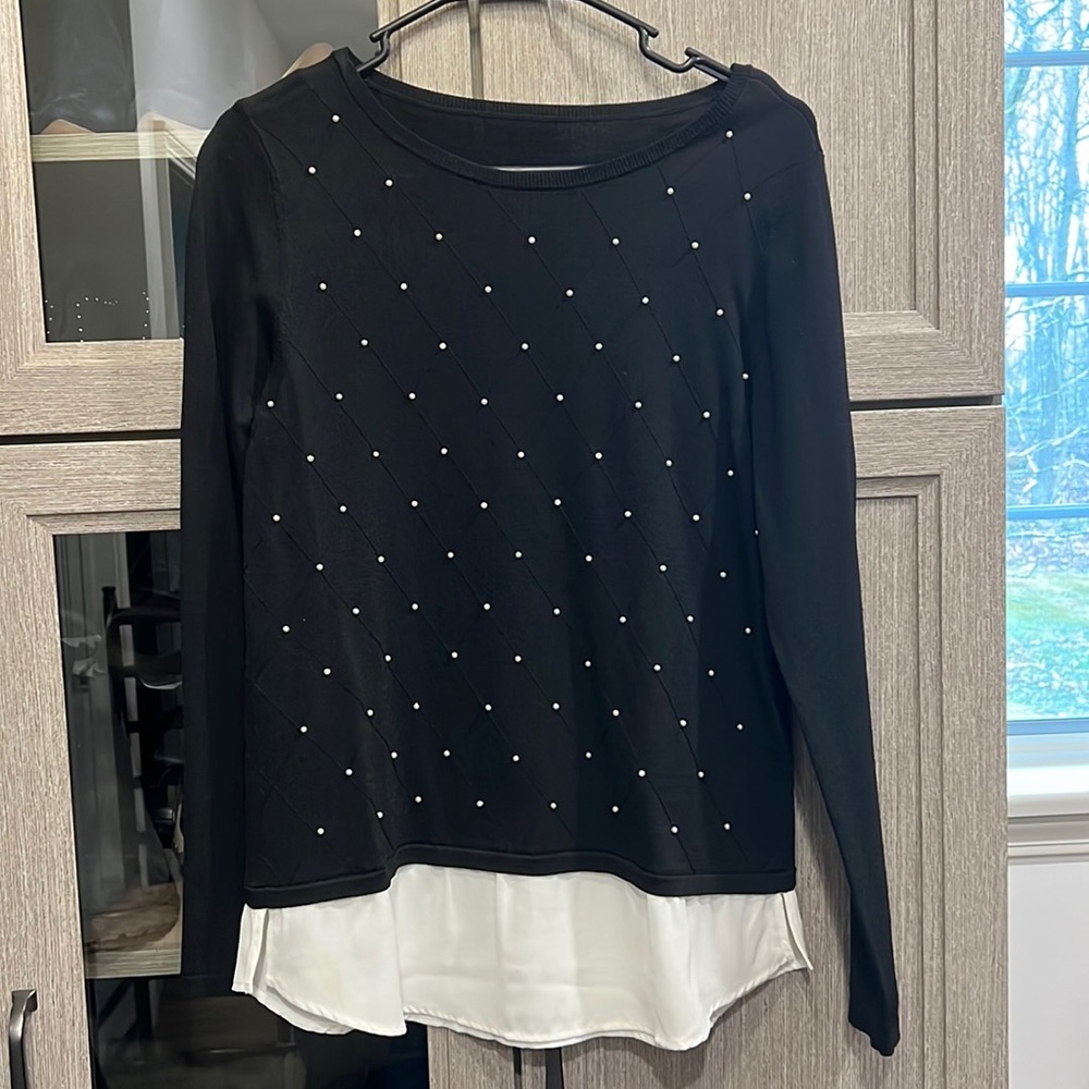 Small black with front pearl beads, faux white layer blouse underneath